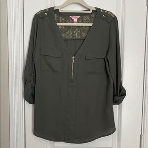 Candie's Olive Green Blouse with Lace and Gold Zipper